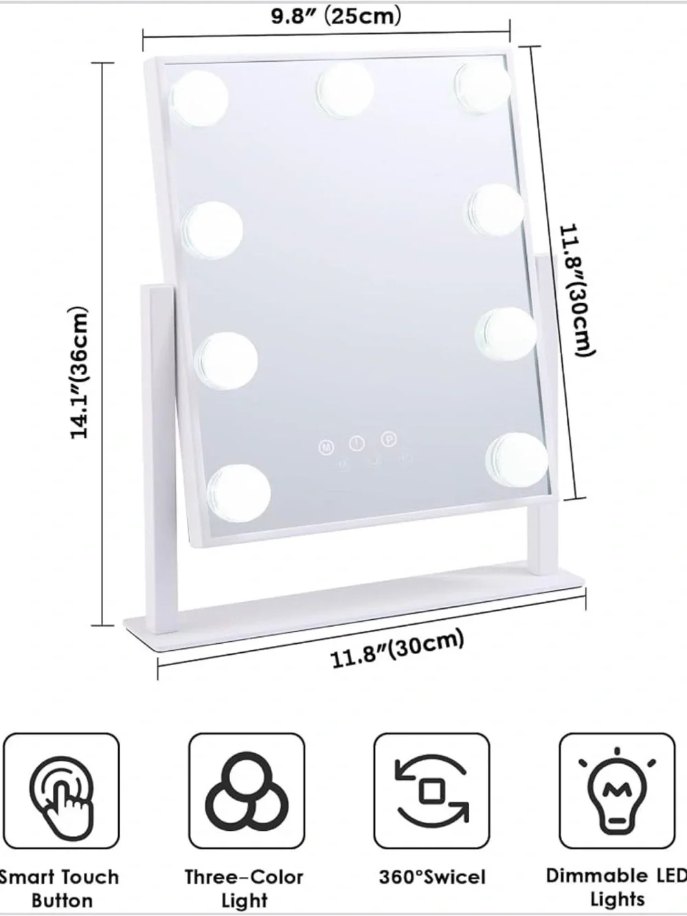 LED Lighted Vanity Makeup Mirror 360° Swivel Touch Control White Like New